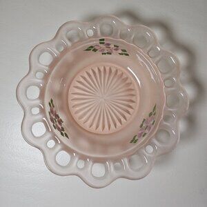 1930s Lancaster Glass Openwork Frosted Floral Decorated Pink Serving Bowl 7.5"